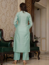 Women Sea Green Silk Blend Solid Embroidered Straight Kurta Trouser With Dupatta-PKSKD2686